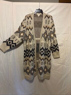 a.n.a Beige Aztec Open-Front Cardigan with Black & Tan Accents